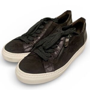 Paul Green Toby Leather Lace-Up Sneakers Side Zip Charcoal Slate Shoes US 7.5